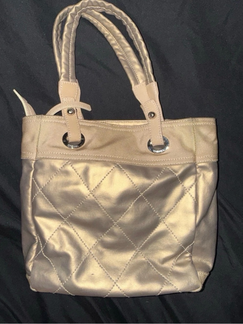 CHANEL Paris Biarritz PM Tote Bag Gold Matelasse Canvas CC